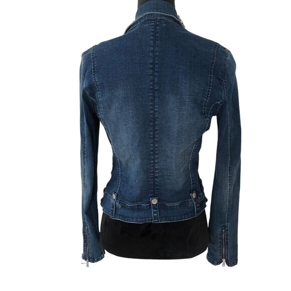 Bebe Rhinestone Embellished Stretchy Retro Y2K Denim‎ Moto Jacket Size S - Picture 11 of 14